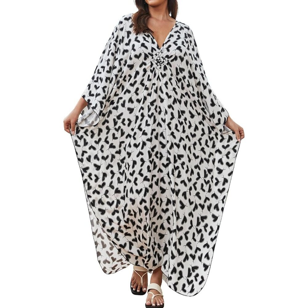 Women White Base With Hearts V-neck Sleeve Flowy Split Hem Bohemian Kaftan Dress - Picture 1 of 6